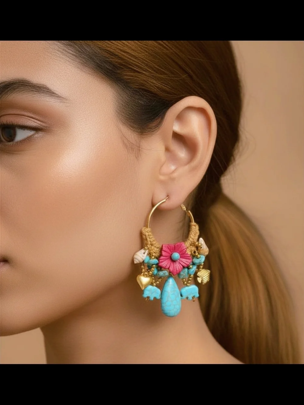 Boho Turquoise & Pink Floral Hoop Earrings - Picture 2 of 2